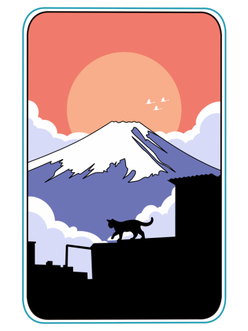 Cat on a Rooftop Behind Mount Fuji