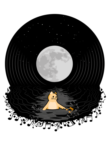 Cat with vinyl record and moon