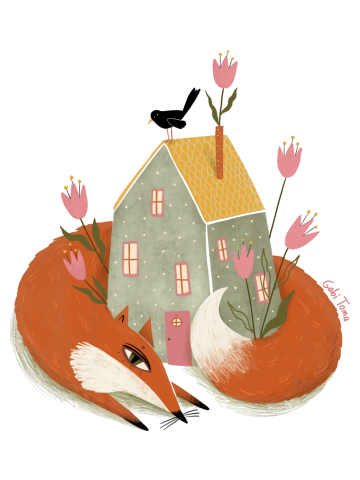 Cute fox with house and tulips