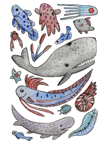 Deep Sea Fish and Creatures in Watercolor