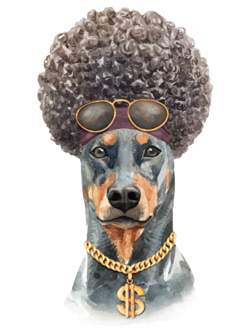Doberman dog watercolor with afro hair black and colors tshirt - clothing