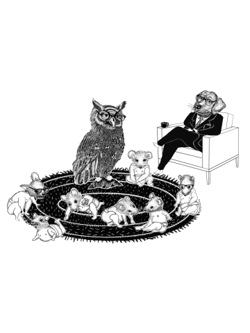Downtown Daycare, Mouse, owl, dog Labrador Retriever