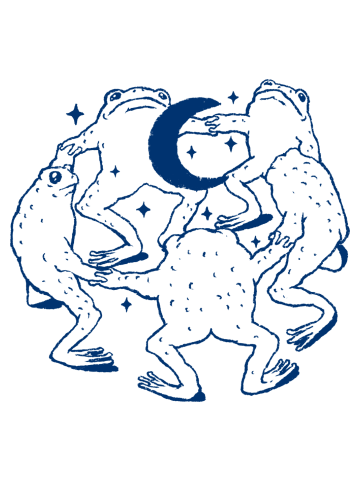 Frogs dancing in circle around a crescent moon
