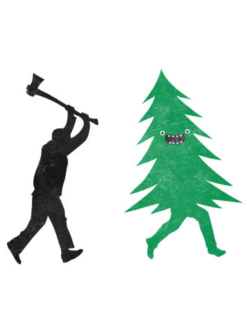 Funny Cartoon Christmas tree is chased by Lumberjack