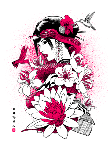 Geisha with pink snake