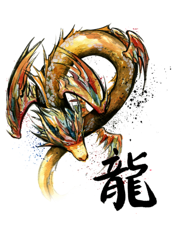 Golden Dragon with Japanese Calligraphy