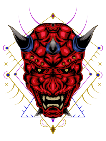 Kabuki illustration. red devil face illustration. head of red demon. japanese demon mask