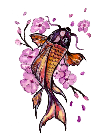 Koi Carp and Pink Blossoms