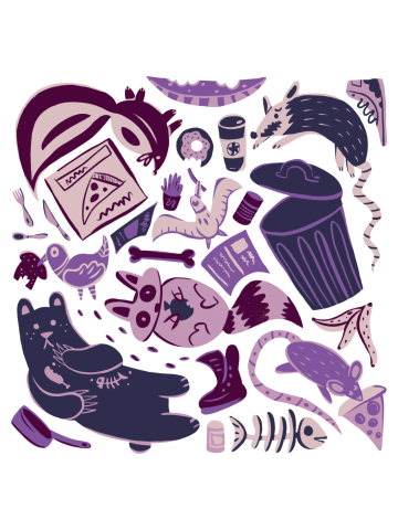Pink Garbage Animals Eating Junk Food Pattern