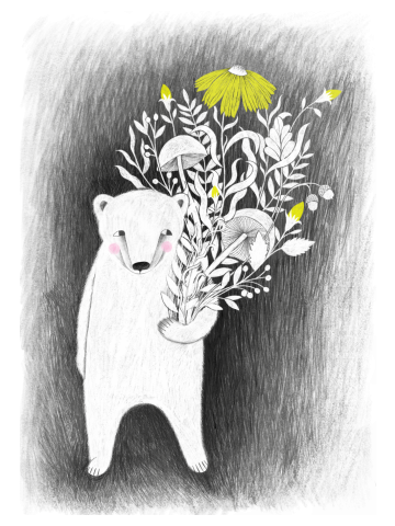 Polar bear with flowers bouquet
