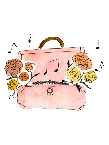 Retro Record Player with Flowers. Watercolor illustration. Pastel pink blush and pale yellow.