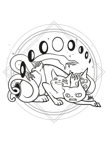 Spooky Cute Three Headed Cat With Moon Phases