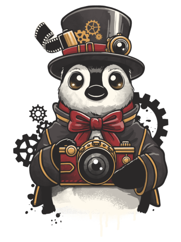 Steampunk penguin photographer