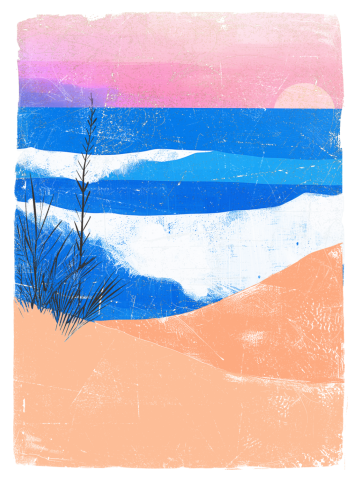 Summer vibe with ocean waves view from peach fuzz sandy beach