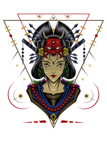 T shirt print design Japanese style Geisha with sacred geometry background. Japanese traditional