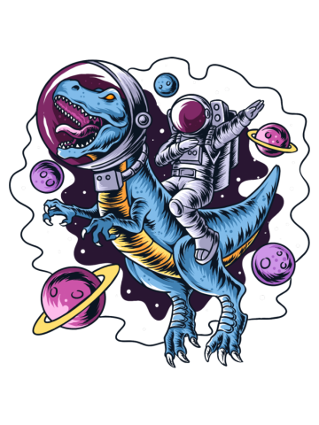 The Astronaut Drives T Rex Dinosaurs In Outer Space Full Of Stars And Planets
