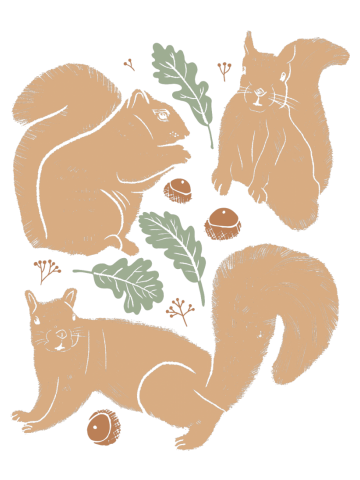 Three Squirrels with Acorns and Oak Leaves Beige Brown Green
