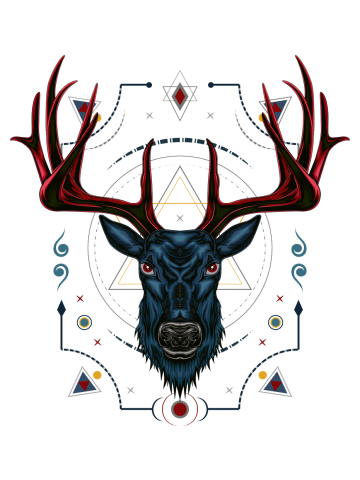 Vector Deer head illustration with ornament design on the dark background in serious face. T shirt d