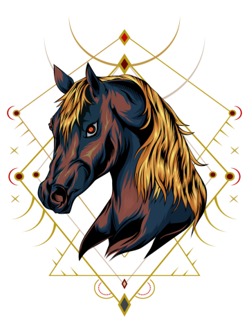 Vector horse logo. horse head illustration with sacred background in the dark. design for t shirt.