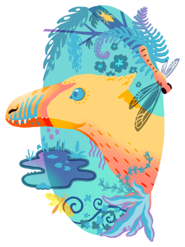 Yellow Feathered Velociraptor with Cretaceous Plants