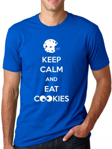 Tricou Keep Calm And Eat Cookies | Detaliu imprimeu [type: mockup-Tricou clasic baieti-albastru;]