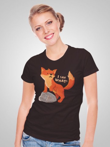 Tricou  What does the fox say | Detaliu imprimeu [type:mockup-Tricou clasic fete-negru;]