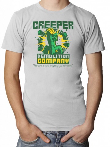 Tricou Creeper Demolition Company | Detaliu imprimeu [type: mockup-Tricou clasic baieti-alb;]